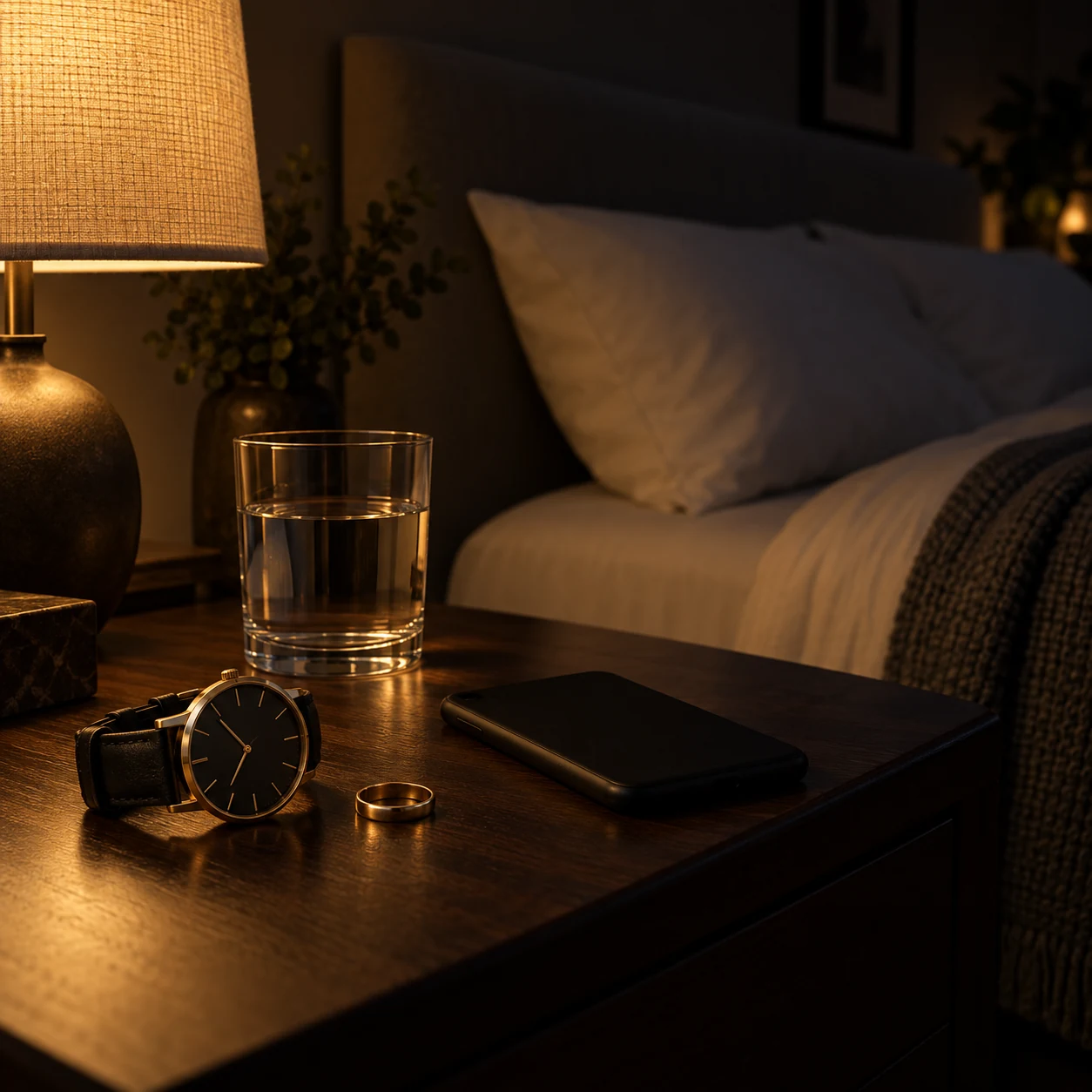 Mesa de cabeceira à noite com relógio, aliança e celular virado para baixo; ao fundo, um lado da cama arrumado e vazio